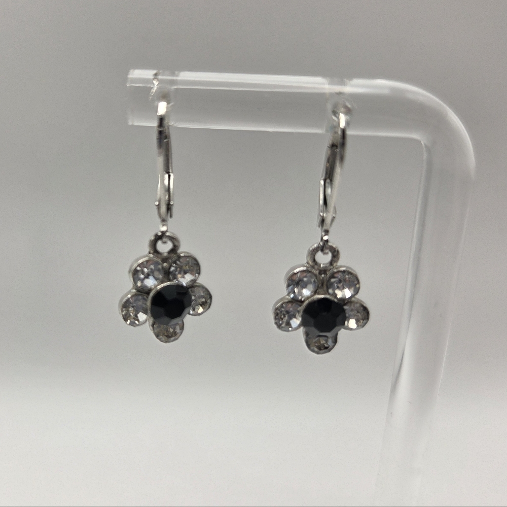 Silvertone and Black Floral Earrings